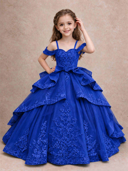 Off Shoulder Girls Pageant Dresses Lace Applique Layered Tulle Princess Ball Gown for Birthday Wedding