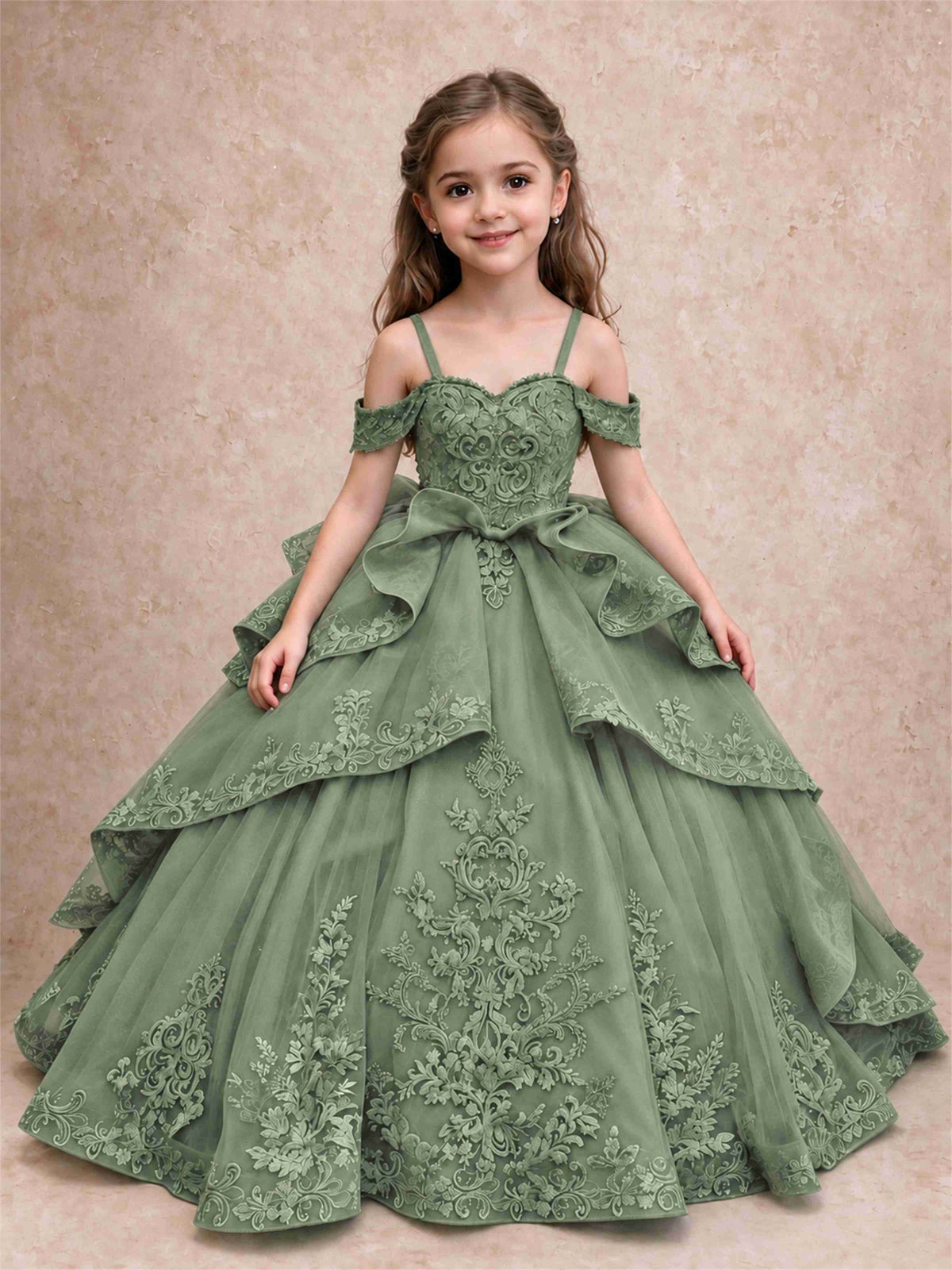 Off Shoulder Girls Pageant Dresses Lace Applique Layered Tulle Princess Ball Gown for Birthday Wedding