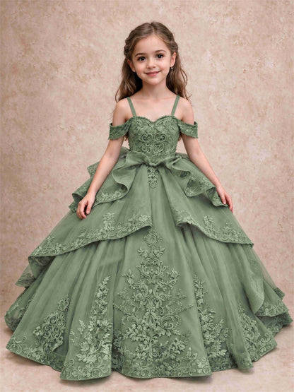 Off Shoulder Girls Pageant Dresses Lace Applique Layered Tulle Princess Ball Gown for Birthday Wedding
