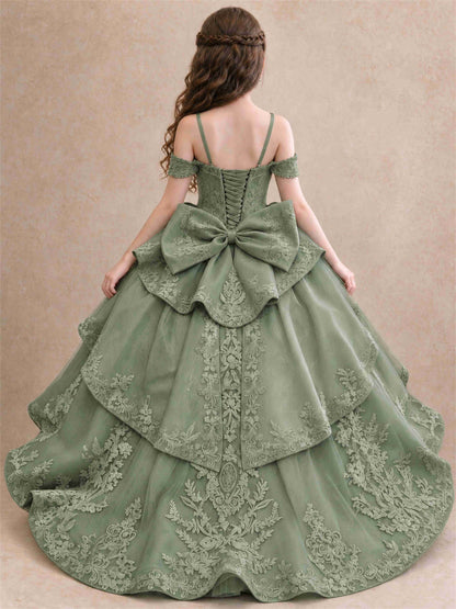 Off Shoulder Girls Pageant Dresses Lace Applique Layered Tulle Princess Ball Gown for Birthday Wedding