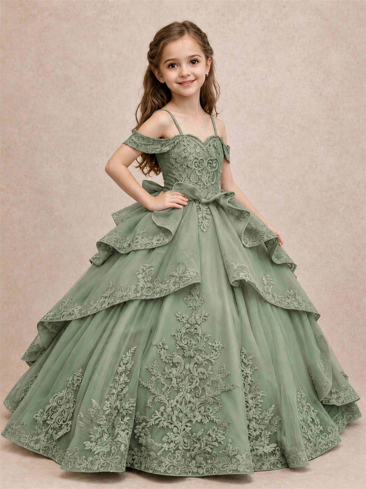 Off Shoulder Girls Pageant Dresses Lace Applique Layered Tulle Princess Ball Gown for Birthday Wedding