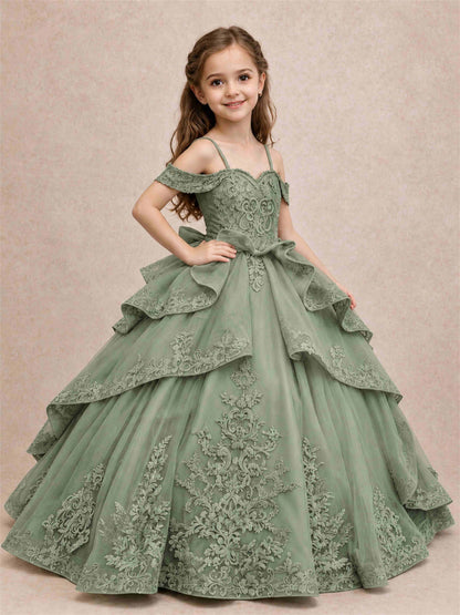 Off Shoulder Girls Pageant Dresses Lace Applique Layered Tulle Princess Ball Gown for Birthday Wedding