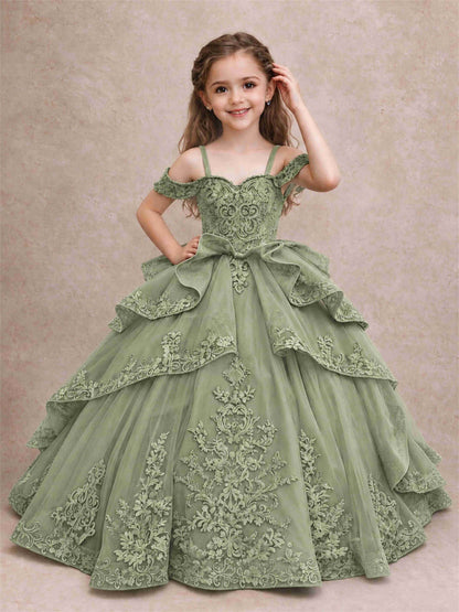 Off Shoulder Girls Pageant Dresses Lace Applique Layered Tulle Princess Ball Gown for Birthday Wedding