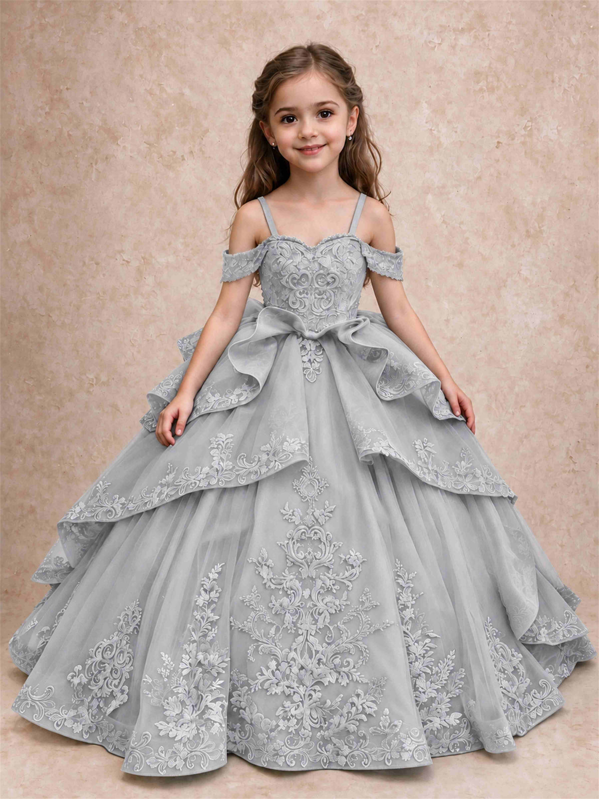 Off Shoulder Girls Pageant Dresses Lace Applique Layered Tulle Princess Ball Gown for Birthday Wedding