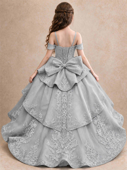 Off Shoulder Girls Pageant Dresses Lace Applique Layered Tulle Princess Ball Gown for Birthday Wedding