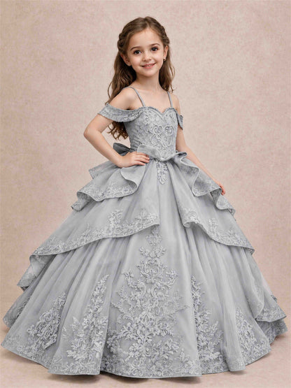 Off Shoulder Girls Pageant Dresses Lace Applique Layered Tulle Princess Ball Gown for Birthday Wedding