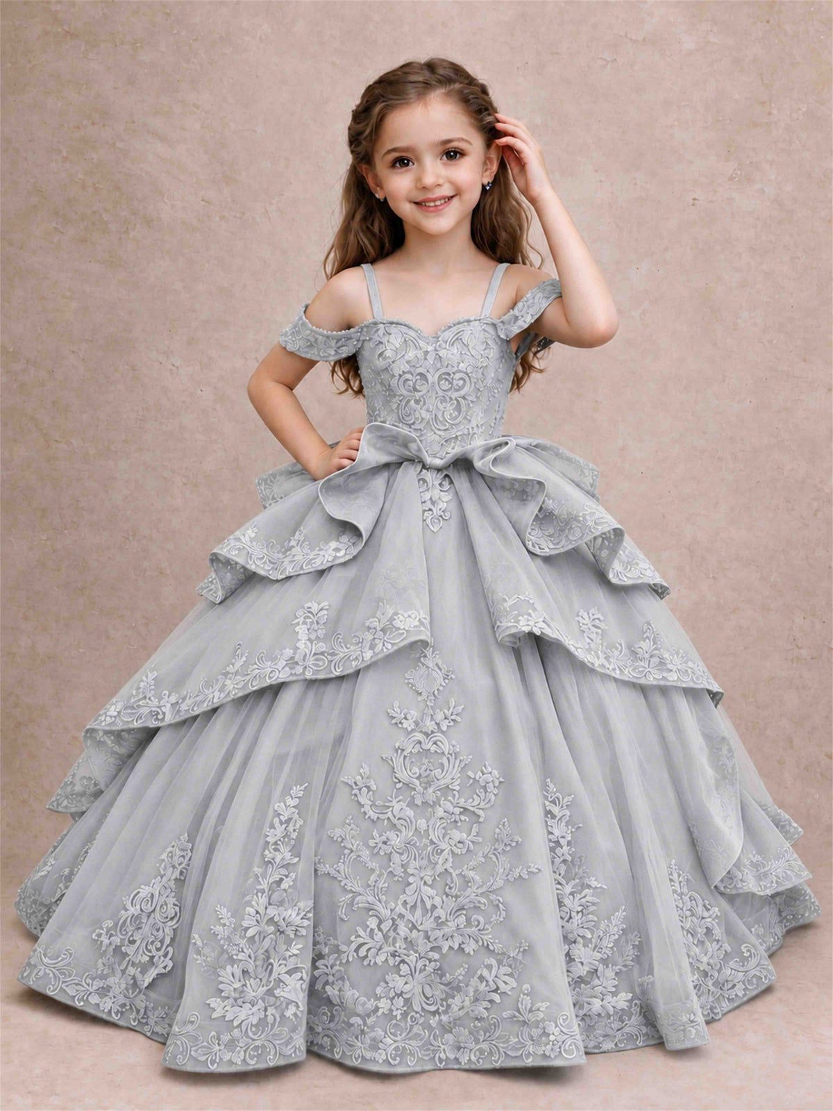 Off Shoulder Girls Pageant Dresses Lace Applique Layered Tulle Princess Ball Gown for Birthday Wedding