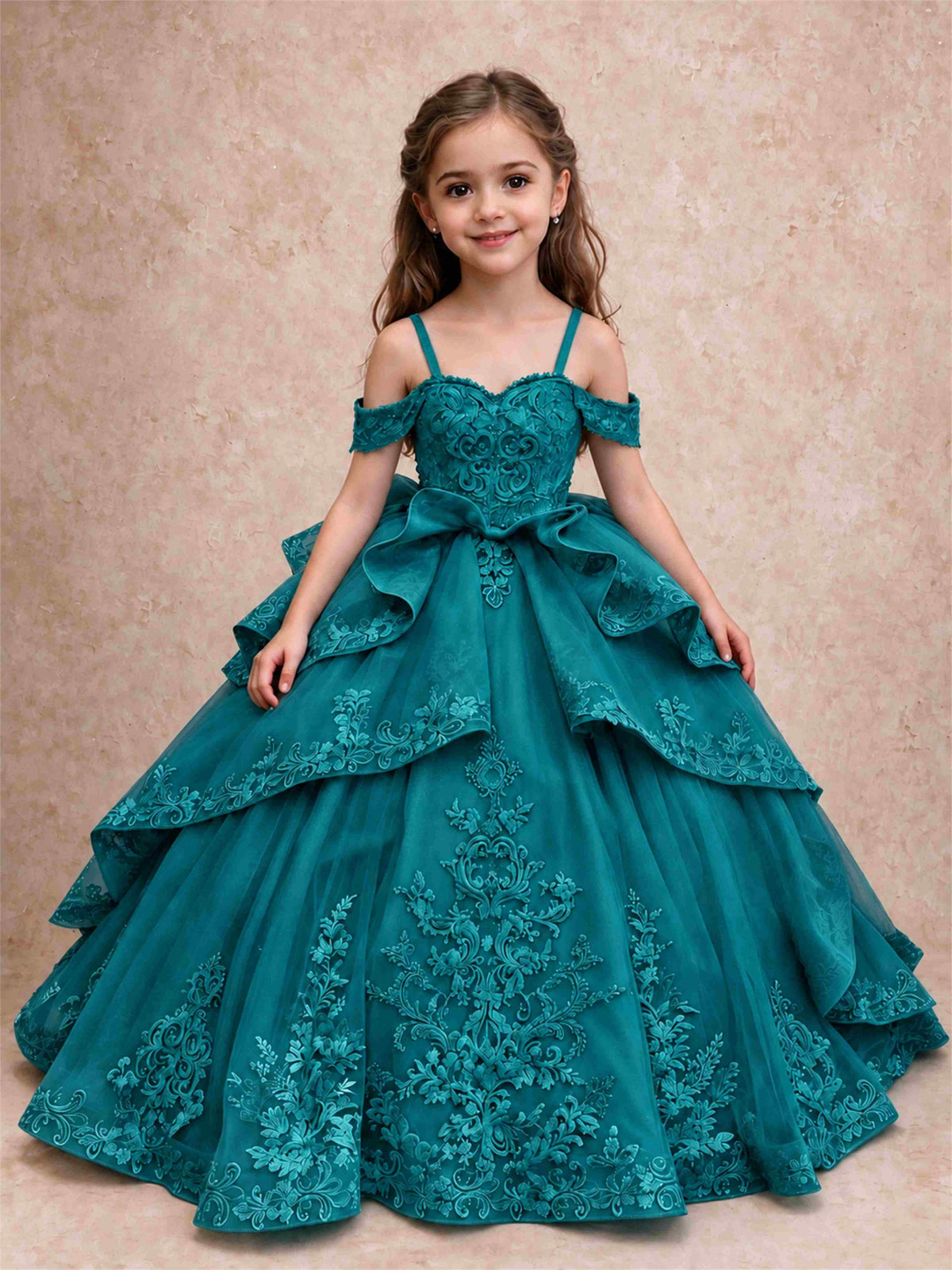Off Shoulder Girls Pageant Dresses Lace Applique Layered Tulle Princess Ball Gown for Birthday Wedding