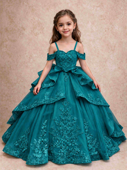 Off Shoulder Girls Pageant Dresses Lace Applique Layered Tulle Princess Ball Gown for Birthday Wedding
