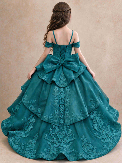 Off Shoulder Girls Pageant Dresses Lace Applique Layered Tulle Princess Ball Gown for Birthday Wedding