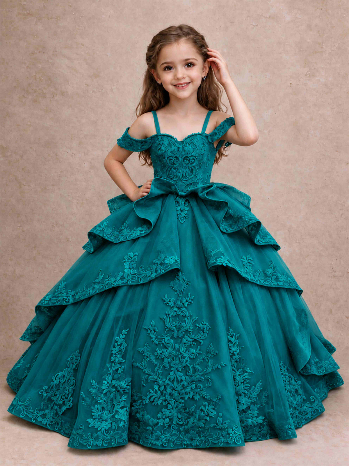 Off Shoulder Girls Pageant Dresses Lace Applique Layered Tulle Princess Ball Gown for Birthday Wedding
