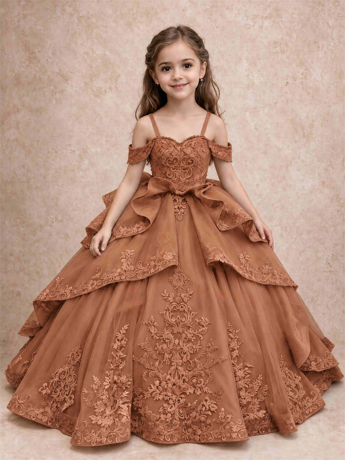 Off Shoulder Girls Pageant Dresses Lace Applique Layered Tulle Princess Ball Gown for Birthday Wedding
