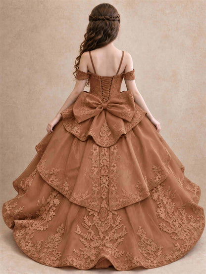 Off Shoulder Girls Pageant Dresses Lace Applique Layered Tulle Princess Ball Gown for Birthday Wedding