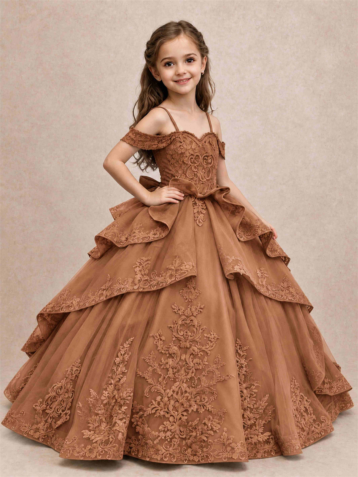 Off Shoulder Girls Pageant Dresses Lace Applique Layered Tulle Princess Ball Gown for Birthday Wedding