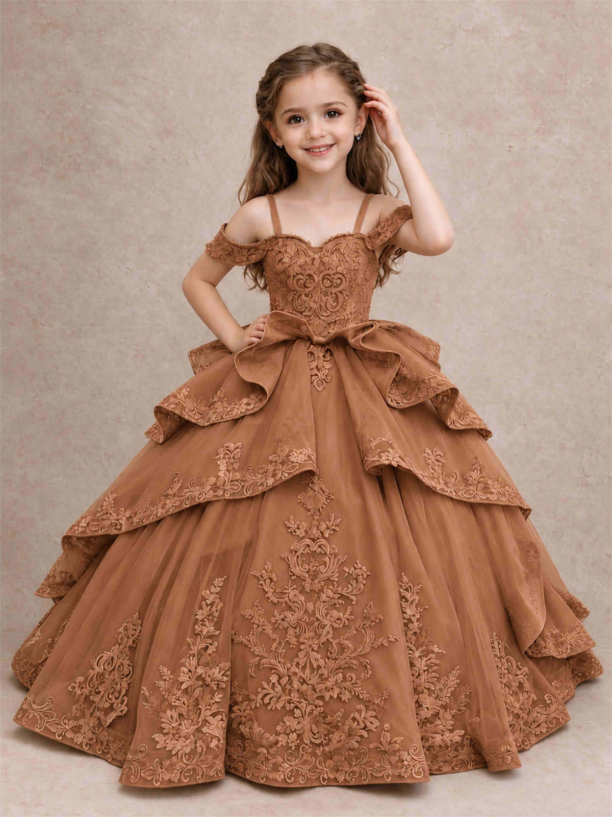 Off Shoulder Girls Pageant Dresses Lace Applique Layered Tulle Princess Ball Gown for Birthday Wedding