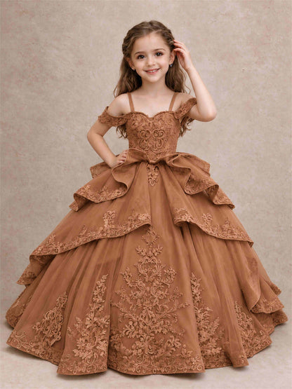 Off Shoulder Girls Pageant Dresses Lace Applique Layered Tulle Princess Ball Gown for Birthday Wedding