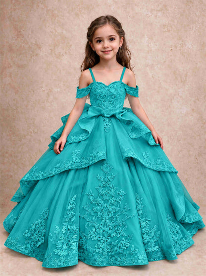 Off Shoulder Girls Pageant Dresses Lace Applique Layered Tulle Princess Ball Gown for Birthday Wedding