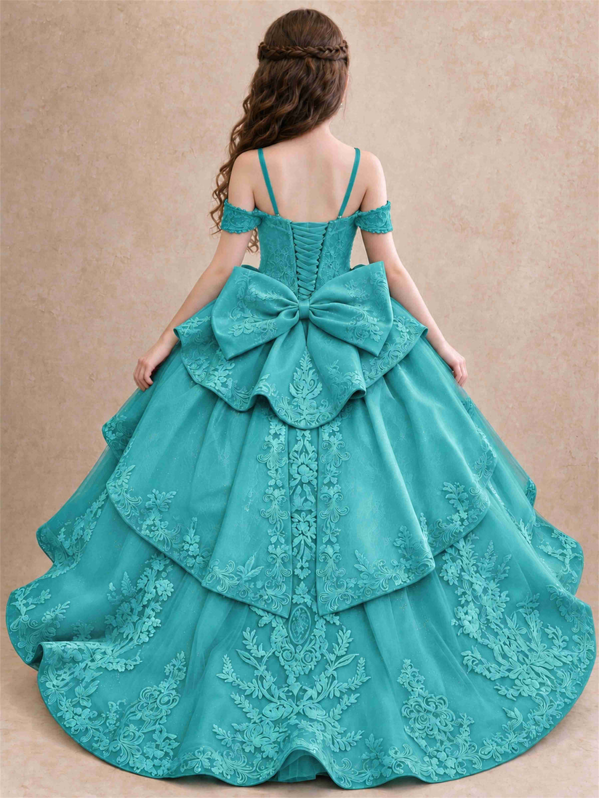 Off Shoulder Girls Pageant Dresses Lace Applique Layered Tulle Princess Ball Gown for Birthday Wedding