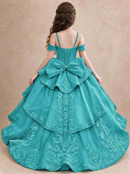 Off Shoulder Girls Pageant Dresses Lace Applique Layered Tulle Princess Ball Gown for Birthday Wedding