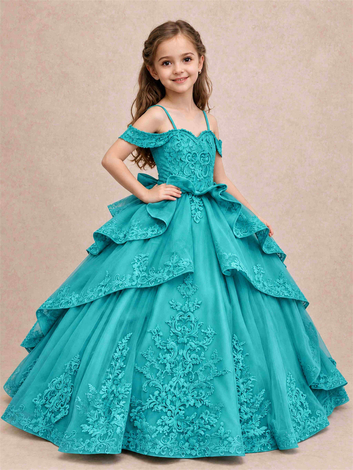 Off Shoulder Girls Pageant Dresses Lace Applique Layered Tulle Princess Ball Gown for Birthday Wedding