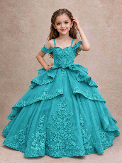 Off Shoulder Girls Pageant Dresses Lace Applique Layered Tulle Princess Ball Gown for Birthday Wedding