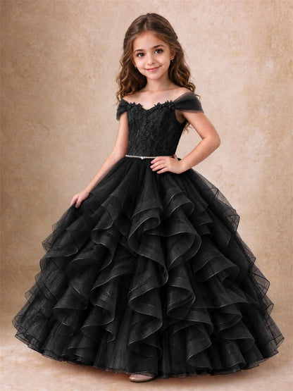 Off Shoulder Ruffle Tulle Girls Pageant Dress Lace Bodice Princess Gown With Pearl Belt