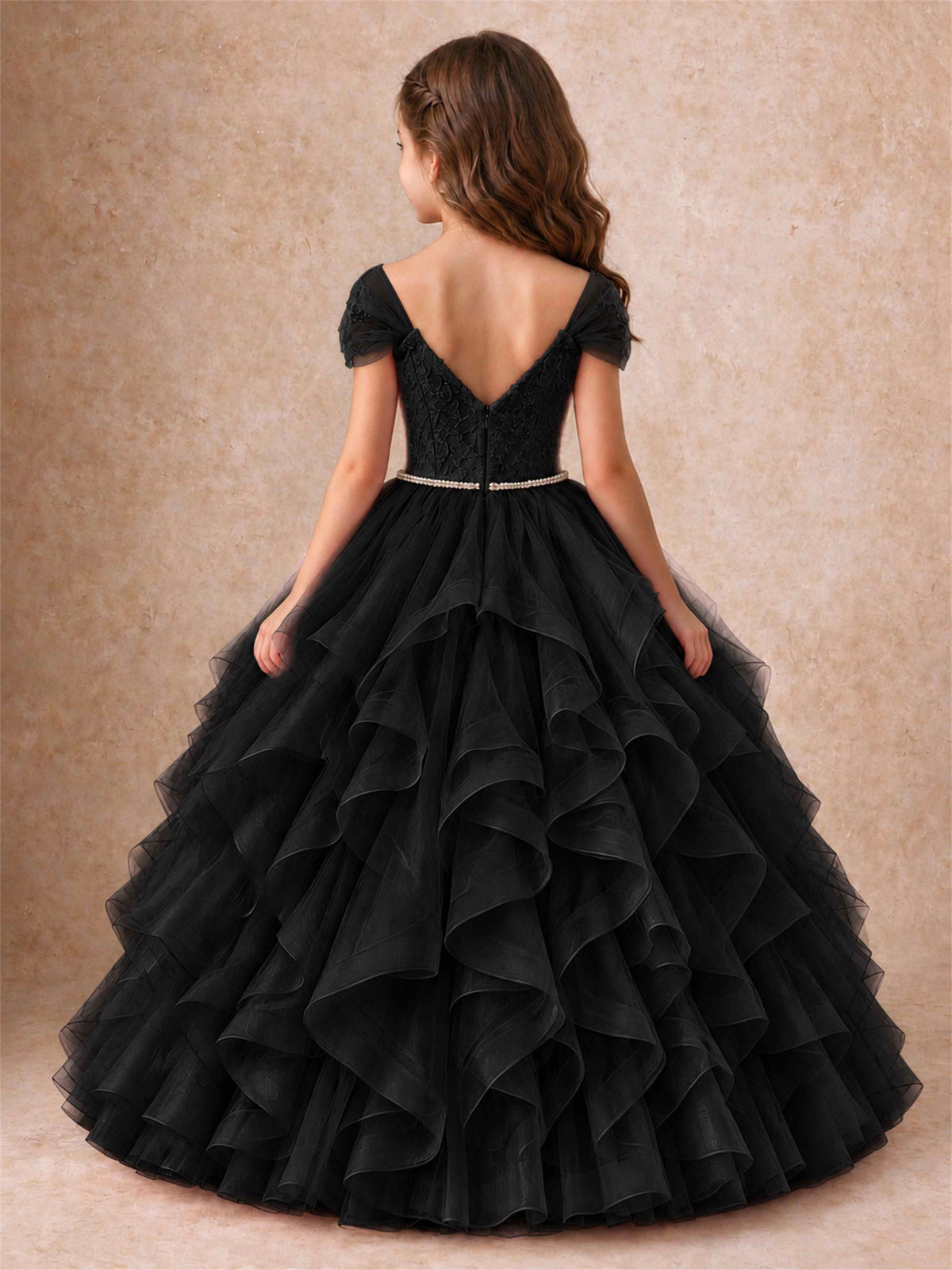 Off Shoulder Ruffle Tulle Girls Pageant Dress Lace Bodice Princess Gown With Pearl Belt