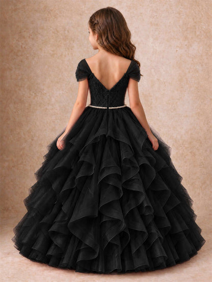 Off Shoulder Ruffle Tulle Girls Pageant Dress Lace Bodice Princess Gown With Pearl Belt