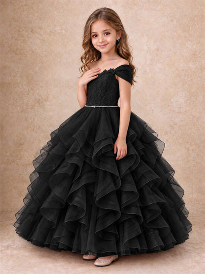 Off Shoulder Ruffle Tulle Girls Pageant Dress Lace Bodice Princess Gown With Pearl Belt