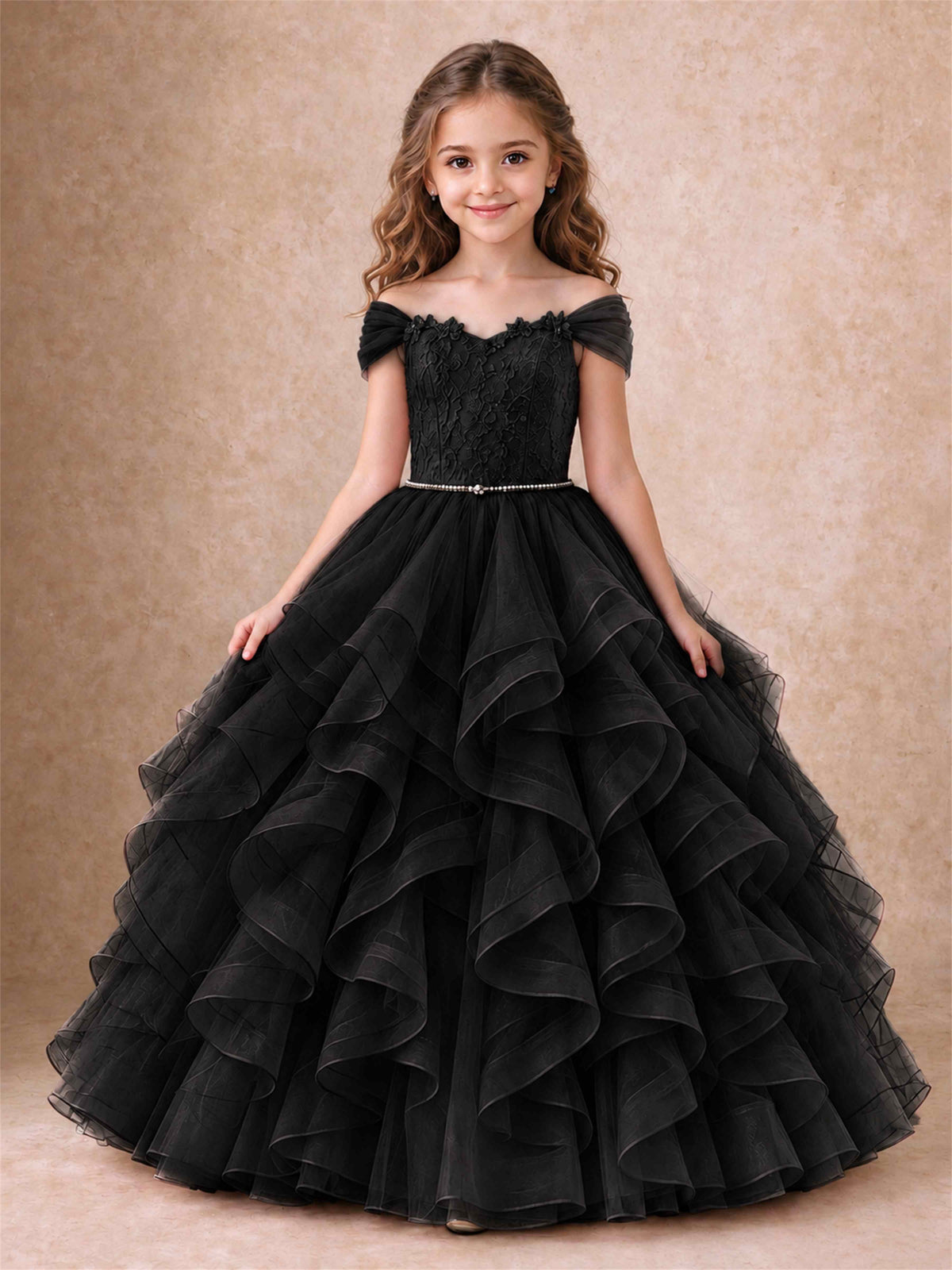 Off Shoulder Ruffle Tulle Girls Pageant Dress Lace Bodice Princess Gown With Pearl Belt