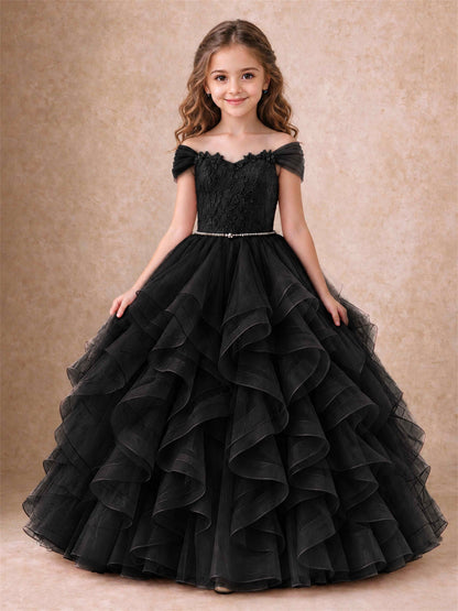 Off Shoulder Ruffle Tulle Girls Pageant Dress Lace Bodice Princess Gown With Pearl Belt