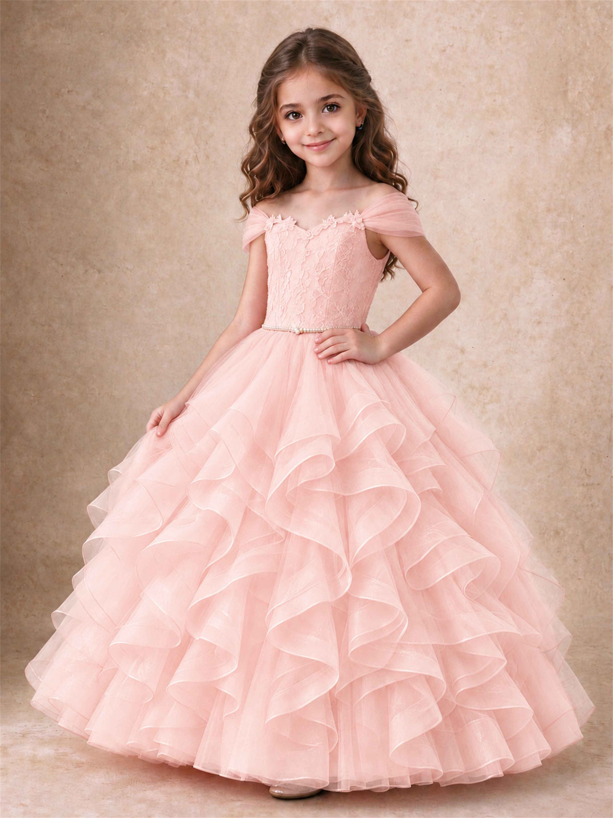 Off Shoulder Ruffle Tulle Girls Pageant Dress Lace Bodice Princess Gown With Pearl Belt