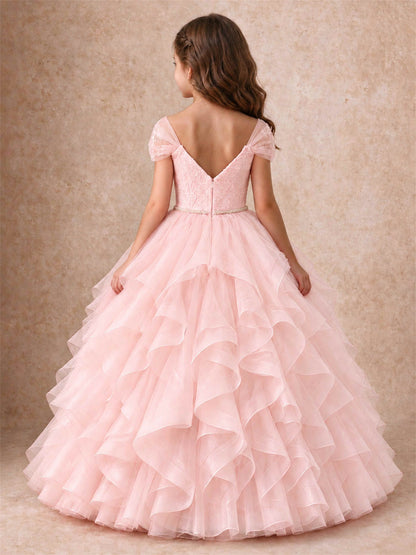 Off Shoulder Ruffle Tulle Girls Pageant Dress Lace Bodice Princess Gown With Pearl Belt