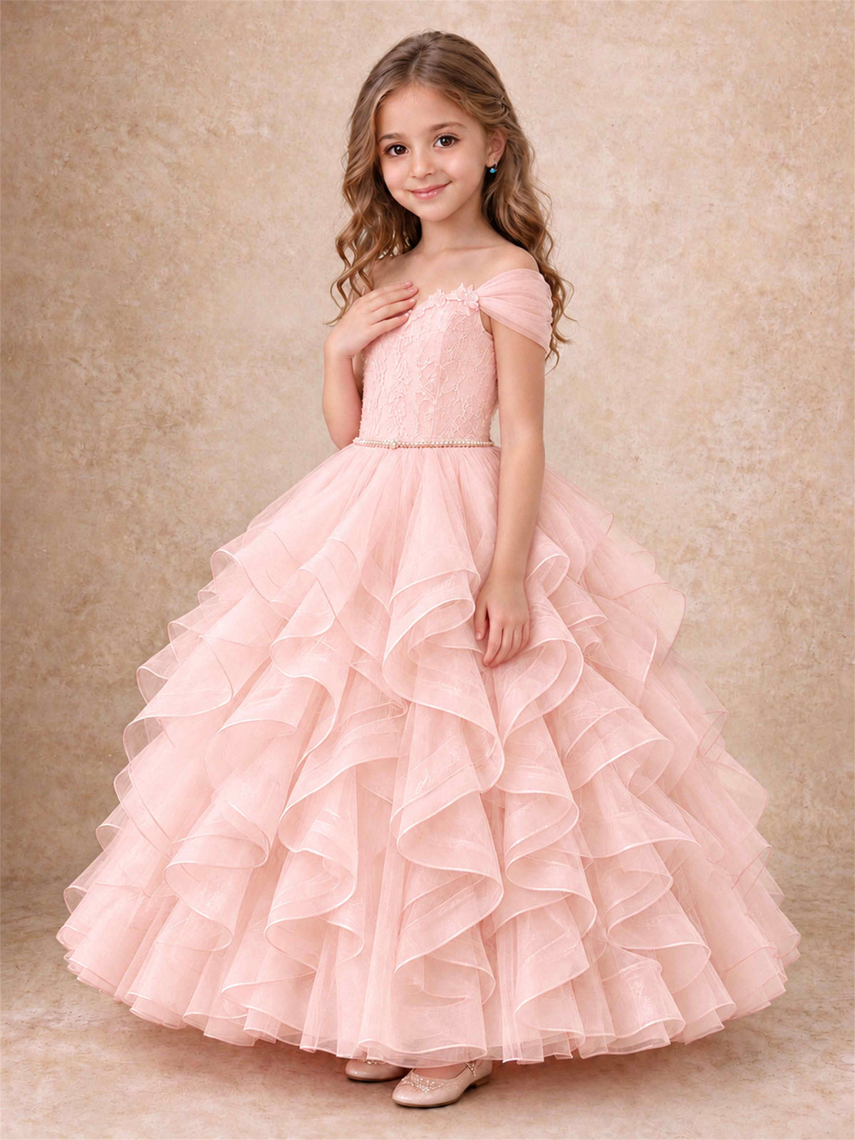 Off Shoulder Ruffle Tulle Girls Pageant Dress Lace Bodice Princess Gown With Pearl Belt
