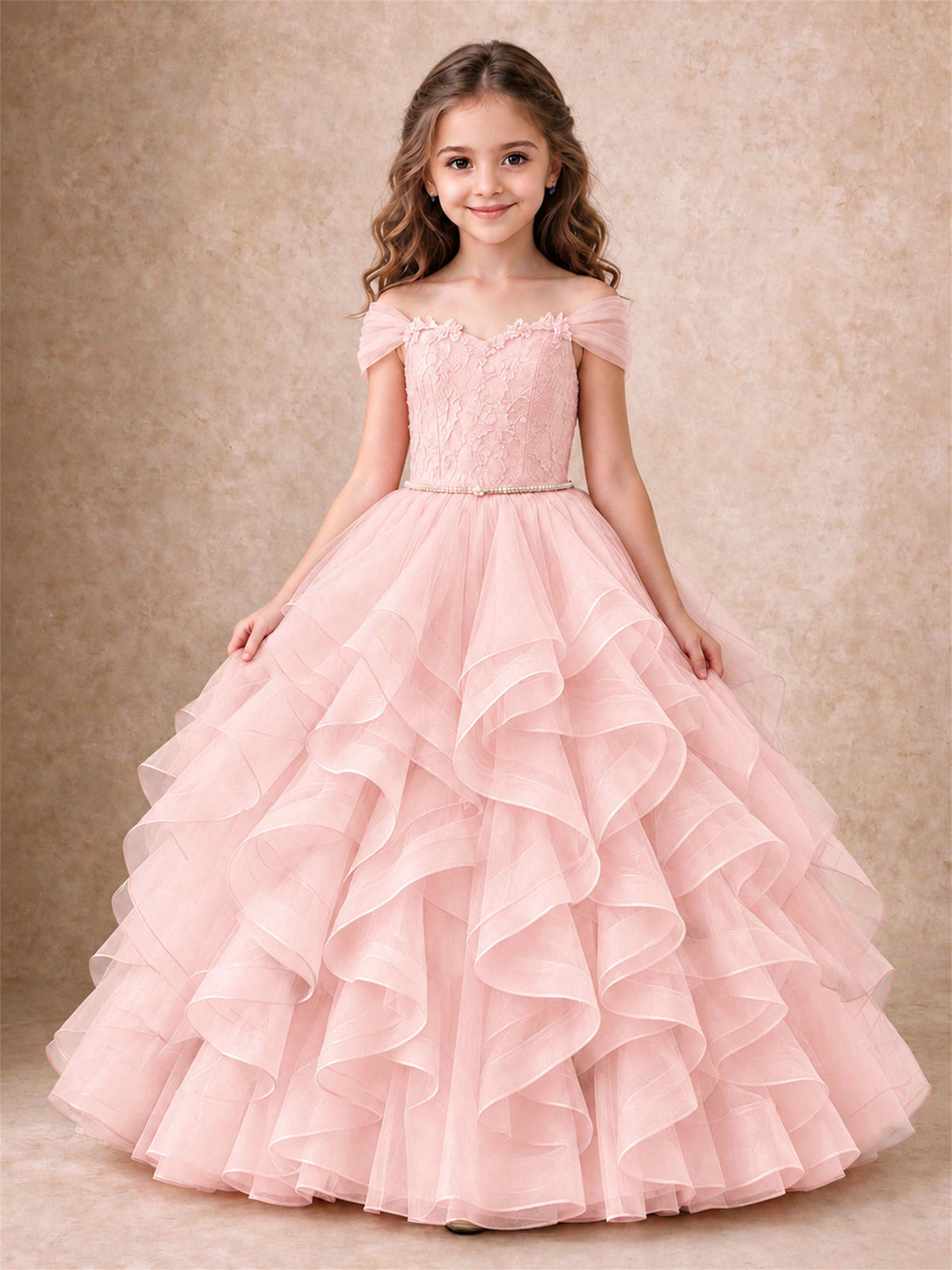 Off Shoulder Ruffle Tulle Girls Pageant Dress Lace Bodice Princess Gown With Pearl Belt