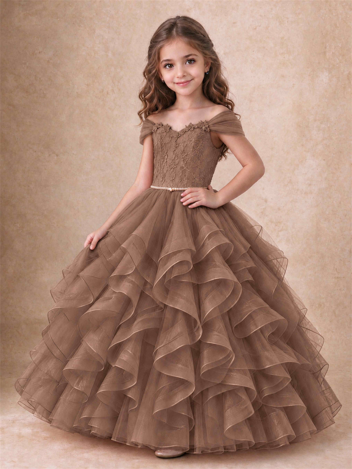 Off Shoulder Ruffle Tulle Girls Pageant Dress Lace Bodice Princess Gown With Pearl Belt