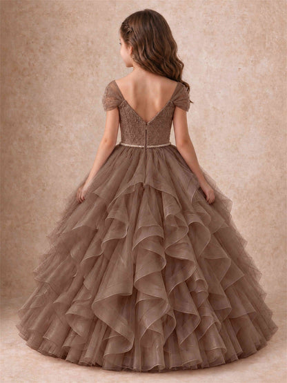 Off Shoulder Ruffle Tulle Girls Pageant Dress Lace Bodice Princess Gown With Pearl Belt
