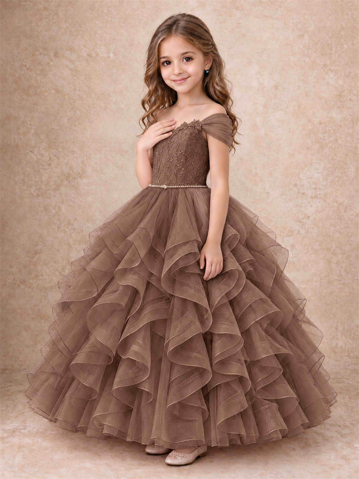 Off Shoulder Ruffle Tulle Girls Pageant Dress Lace Bodice Princess Gown With Pearl Belt