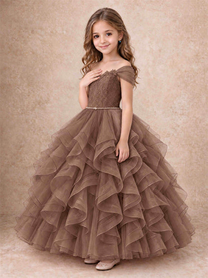 Off Shoulder Ruffle Tulle Girls Pageant Dress Lace Bodice Princess Gown With Pearl Belt