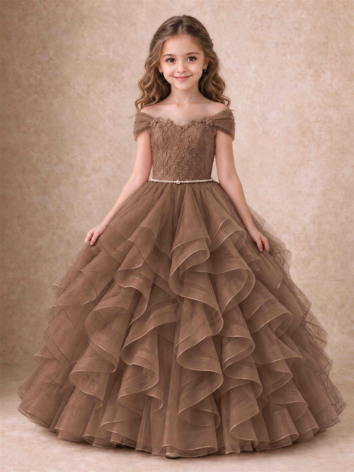 Off Shoulder Ruffle Tulle Girls Pageant Dress Lace Bodice Princess Gown With Pearl Belt