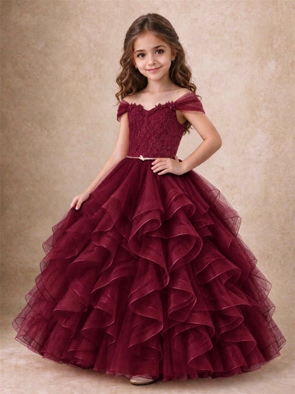 Off Shoulder Ruffle Tulle Girls Pageant Dress Lace Bodice Princess Gown With Pearl Belt