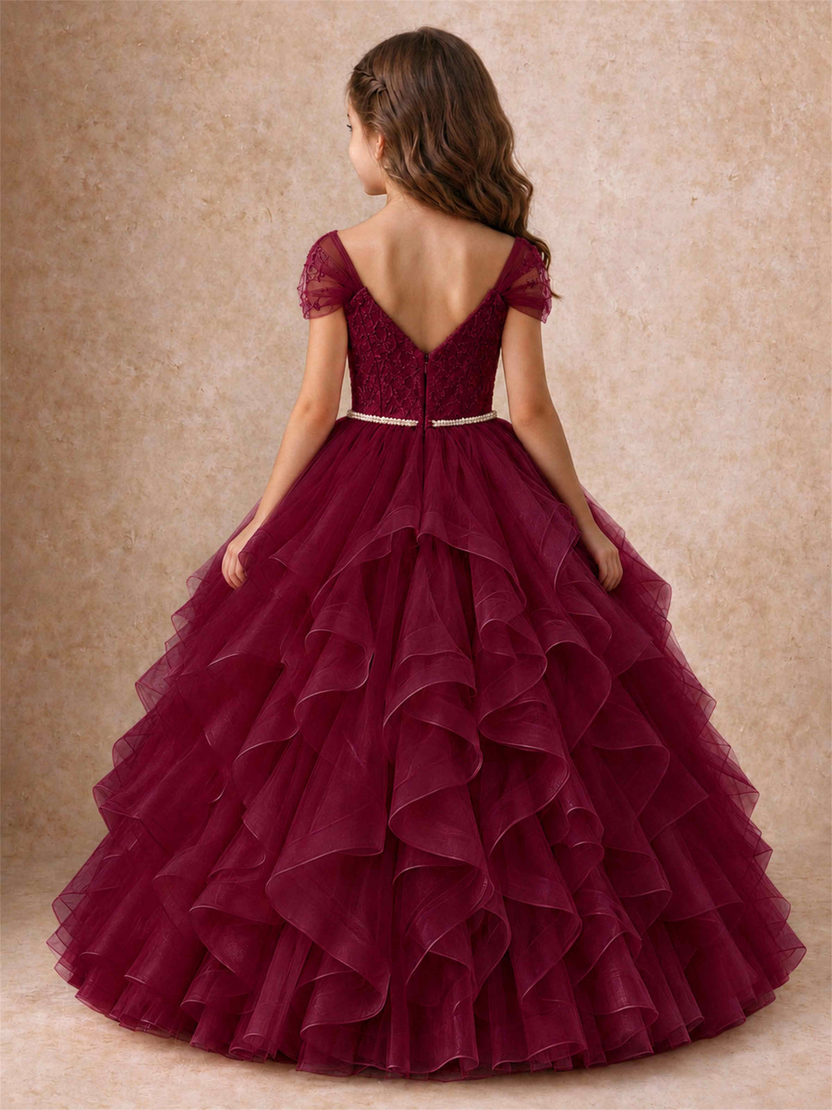 Off Shoulder Ruffle Tulle Girls Pageant Dress Lace Bodice Princess Gown With Pearl Belt