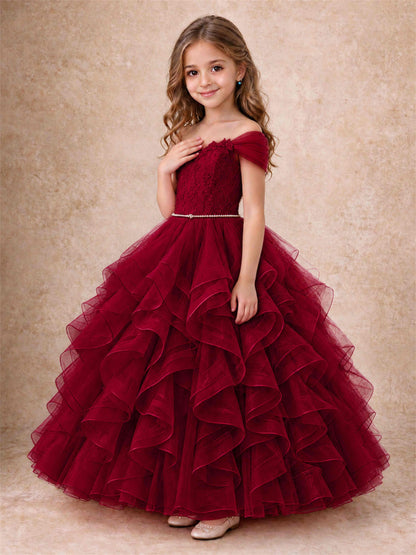 Off Shoulder Ruffle Tulle Girls Pageant Dress Lace Bodice Princess Gown With Pearl Belt