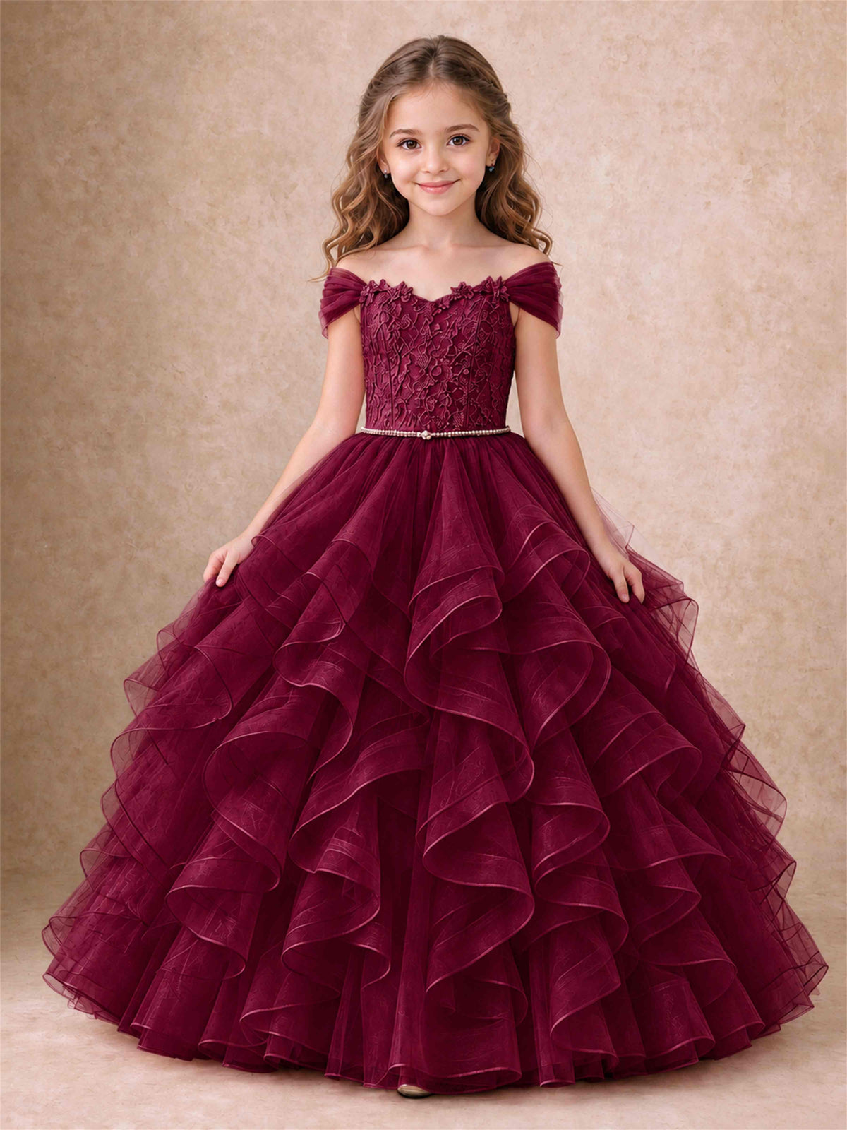 Off Shoulder Ruffle Tulle Girls Pageant Dress Lace Bodice Princess Gown With Pearl Belt