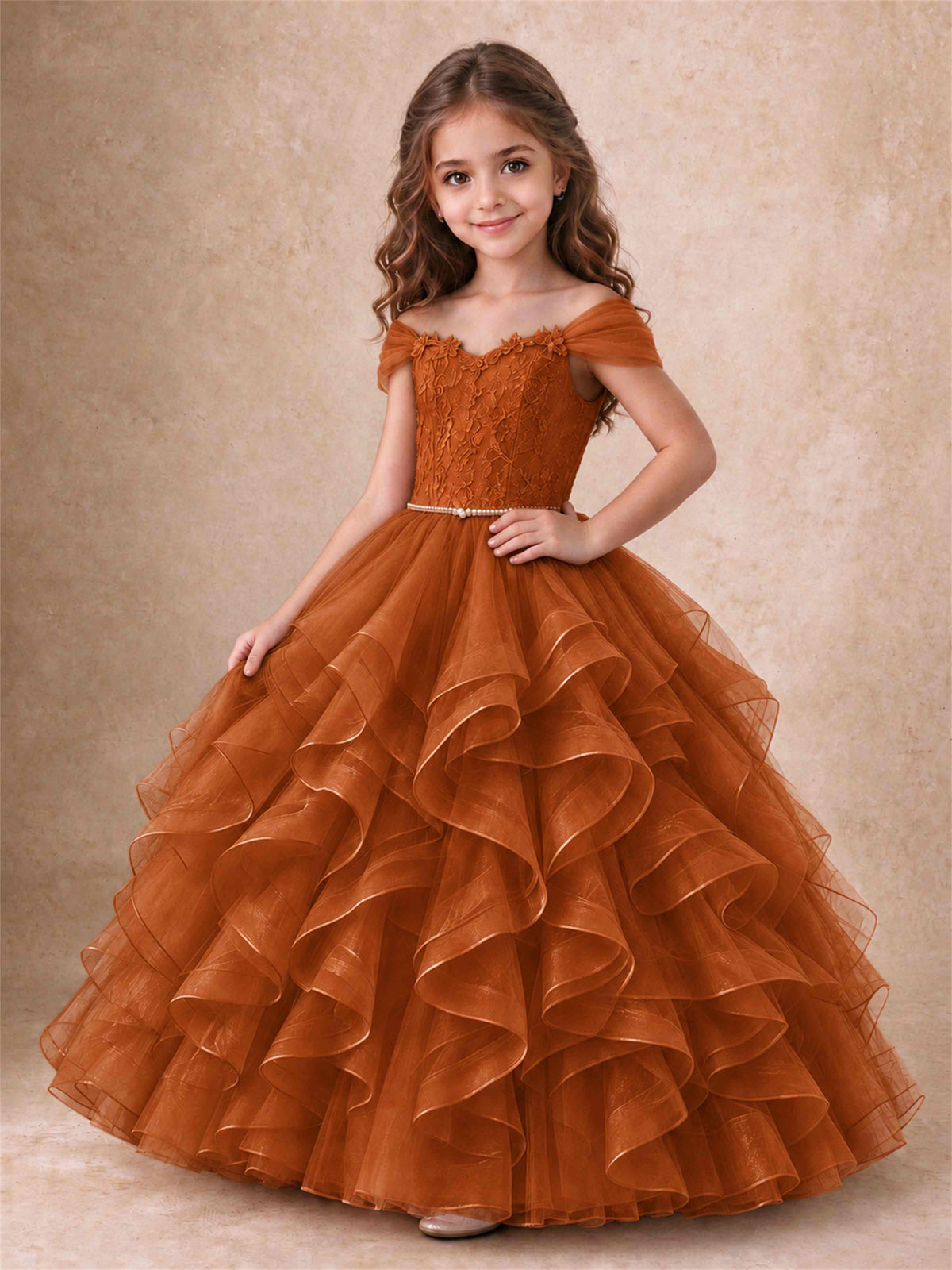 Off Shoulder Ruffle Tulle Girls Pageant Dress Lace Bodice Princess Gown With Pearl Belt