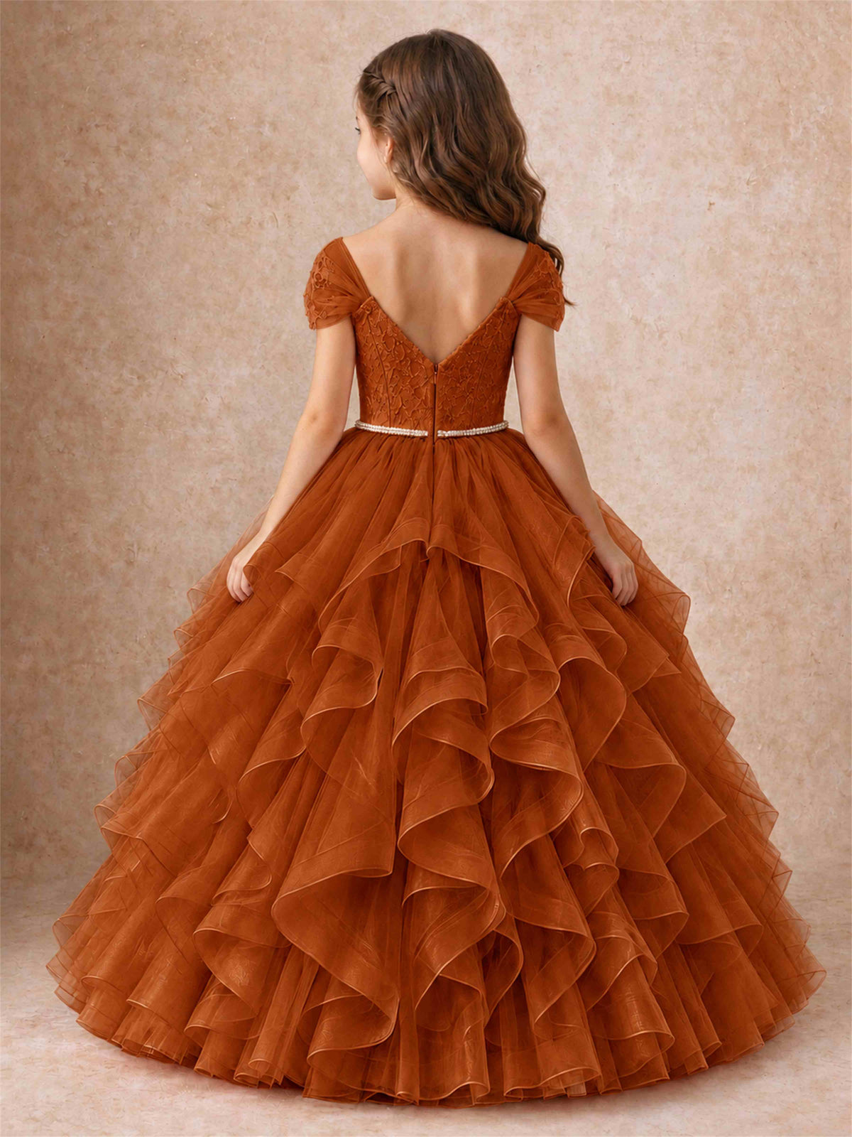 Off Shoulder Ruffle Tulle Girls Pageant Dress Lace Bodice Princess Gown With Pearl Belt