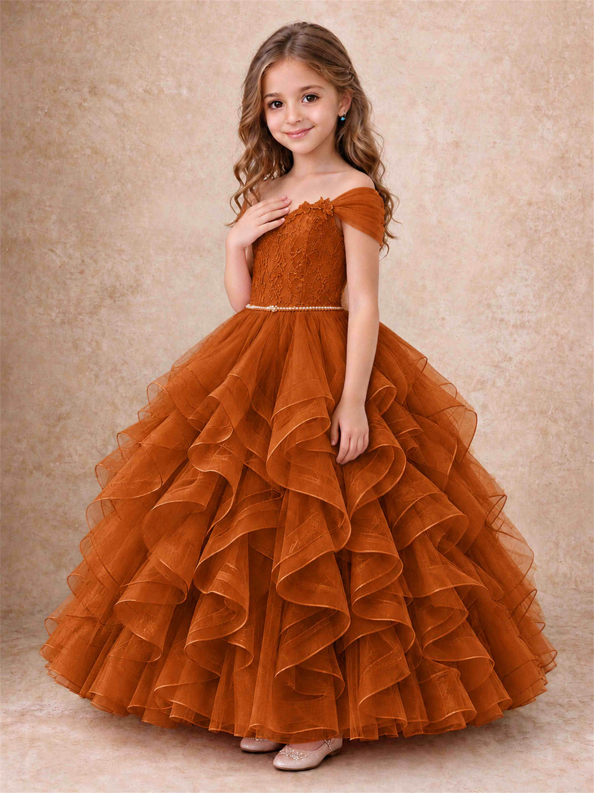Off Shoulder Ruffle Tulle Girls Pageant Dress Lace Bodice Princess Gown With Pearl Belt