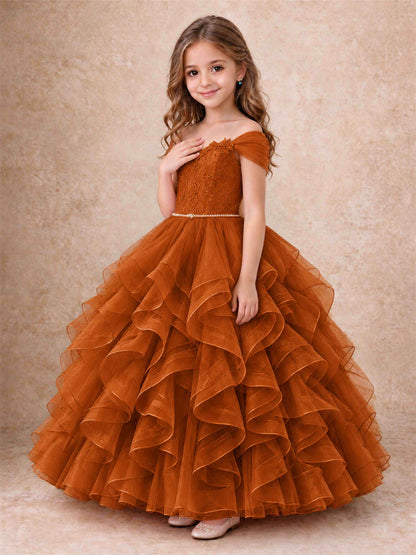 Off Shoulder Ruffle Tulle Girls Pageant Dress Lace Bodice Princess Gown With Pearl Belt