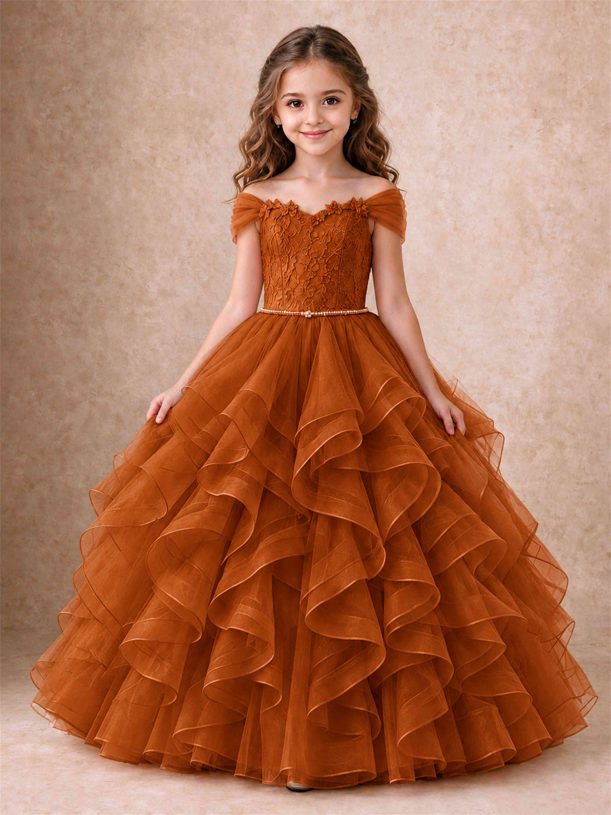 Off Shoulder Ruffle Tulle Girls Pageant Dress Lace Bodice Princess Gown With Pearl Belt