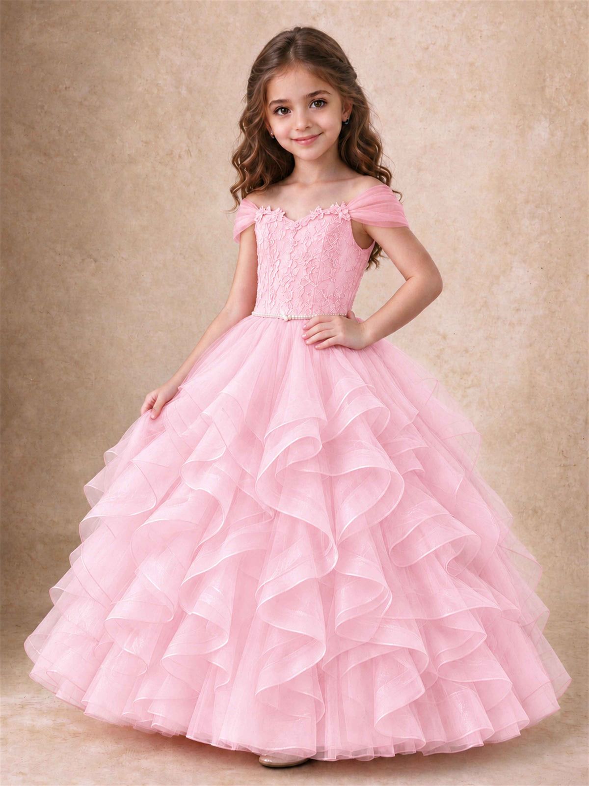 Off Shoulder Ruffle Tulle Girls Pageant Dress Lace Bodice Princess Gown With Pearl Belt